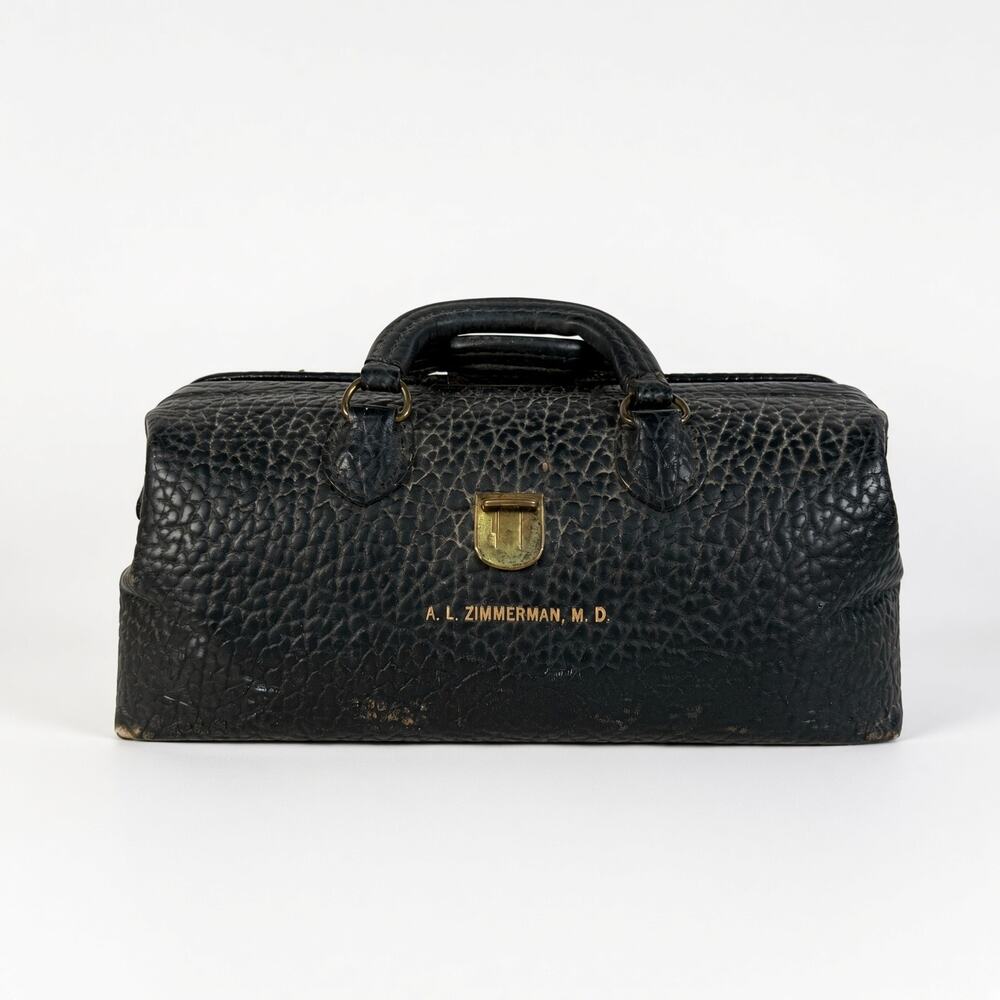 Vintage Lilly Black Pebbled Leather Doctor Bag Medical Travel Bag 13" Monogram
